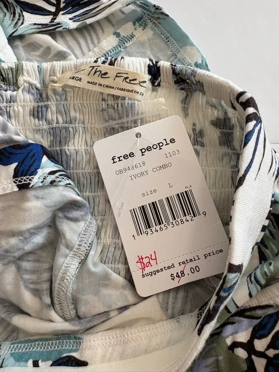 We the Free Smocked Strapless Tube Top with Teal & Navy Floral Print NWT Large - Picture 5 of 5